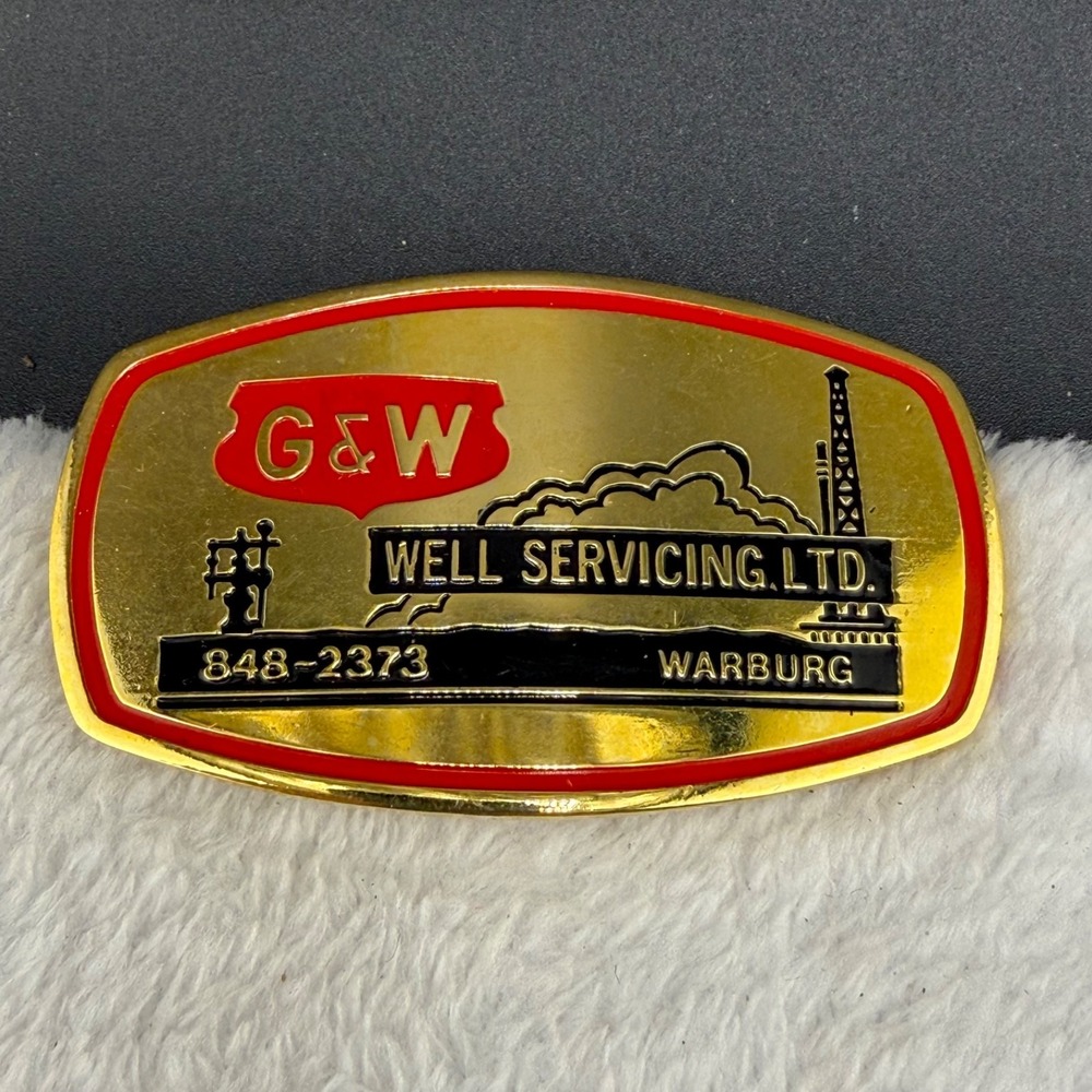 Vintage G&W Well Service LTD Belt Buckle Gold Tone Enamel Oil Industry Western